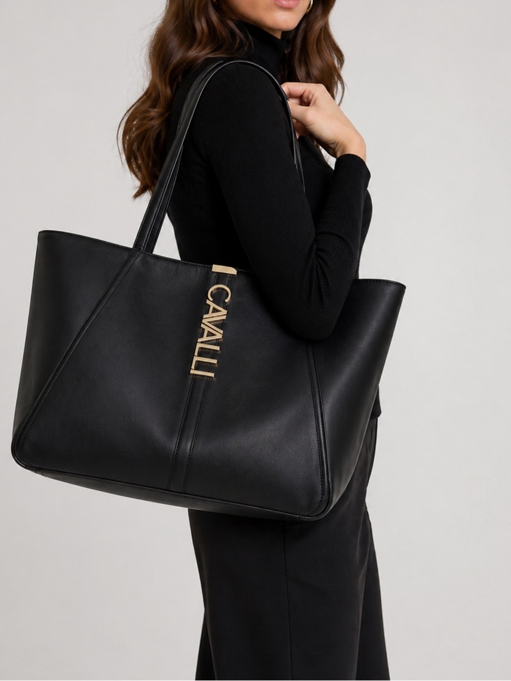 Cavalli Class Sandra Shopper Tote Black PU Leather Gold Logo  Large NWT
